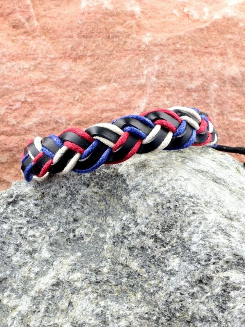 Ensley Braid Cord Leather Slide Tie Bracelet Womens Red White Blue Gift Packaged
